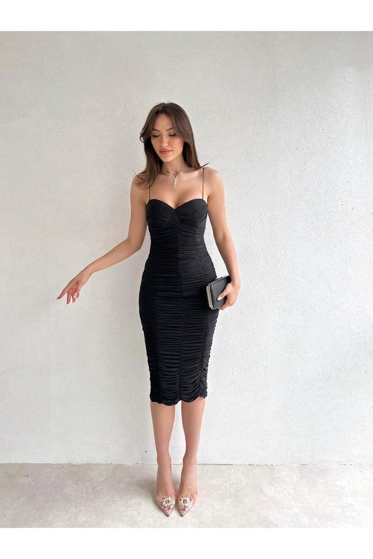 Ip Askılı Siyah Boydan Sık Drapeli Siyah Midi Elbise - Abiye & Mezuniyet Elbisesi