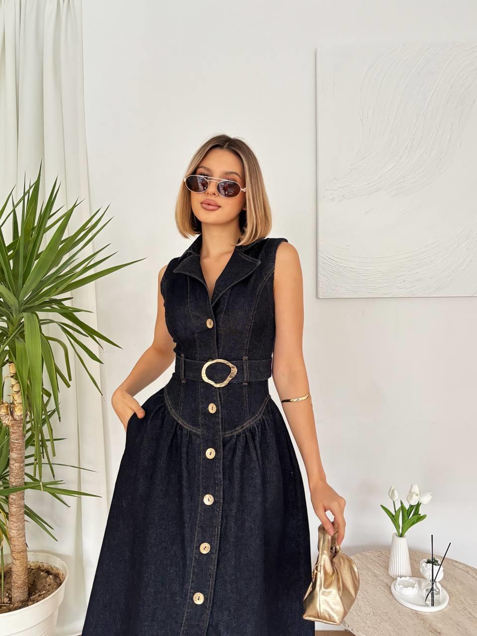 Kadın Abiye Boydan Boya Düğmeli Kloş Etekli Denim Kumaş Kemerli Midi Kot Elbise  - Abiye & Mezuniyet Elbisesi