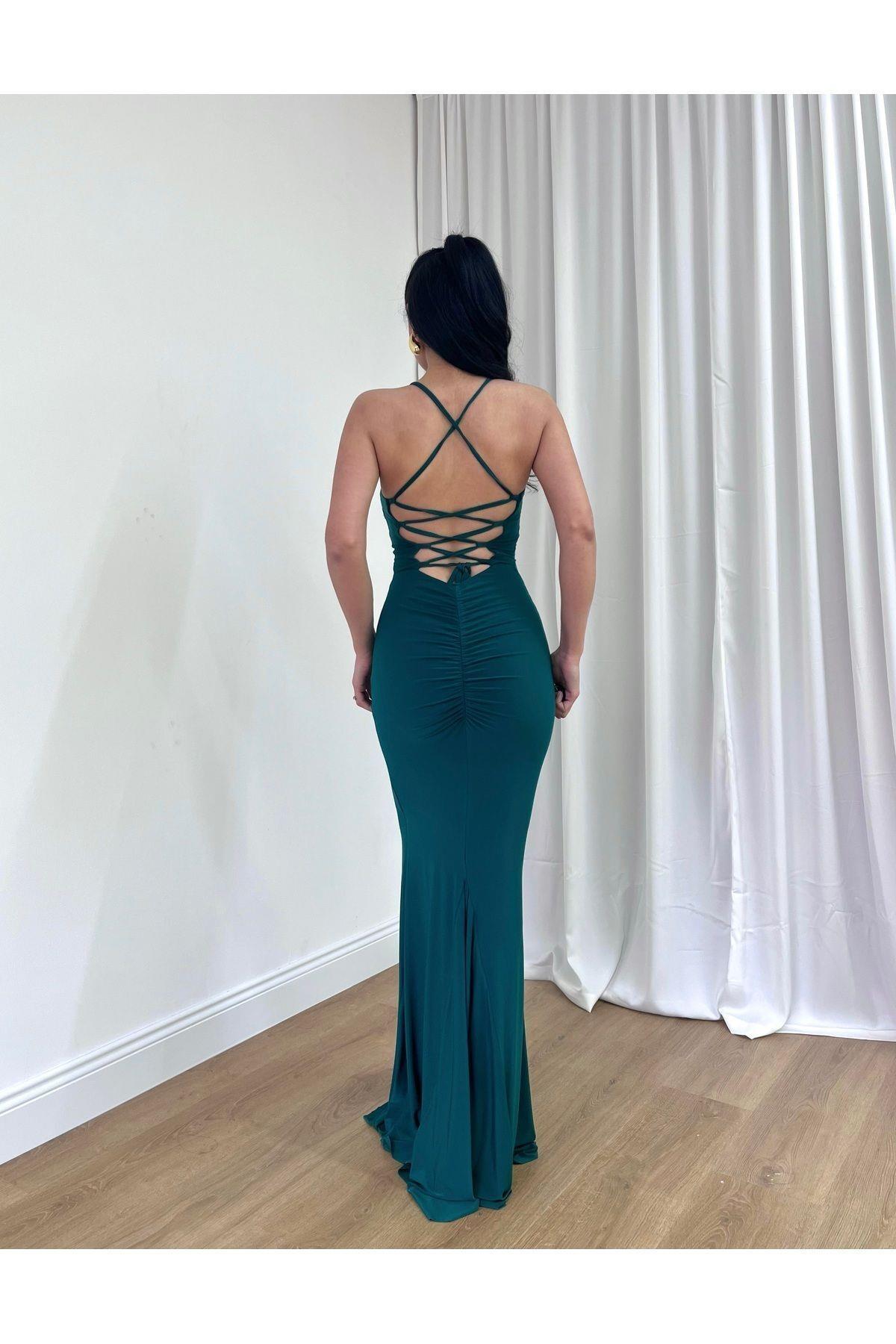 Kadın Abiye İp Askılı Derin Sırt Dekolteli Sırt Çapraz İp Detaylı Bodycon Likralı Maxi Elbise