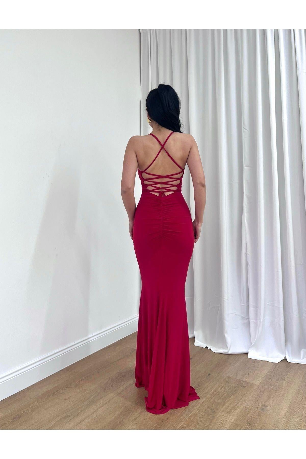Kadın Abiye İp Askılı Derin Sırt Dekolteli Sırt Çapraz İp Detaylı Bodycon Likralı Maxi Elbise