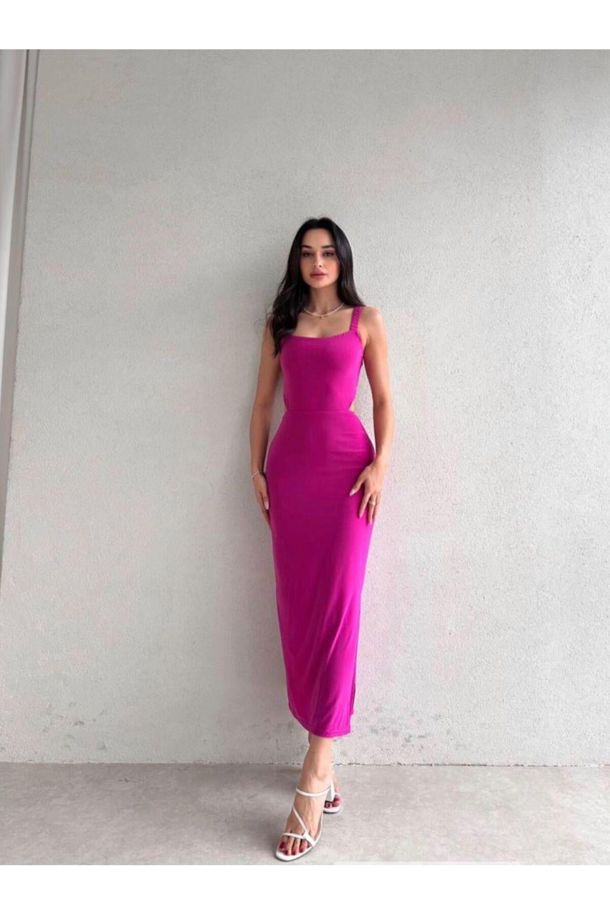 Kadın Abiye Kalın Askılı Sırt Dekolteli Arkadan İp Bağlamalı Bodycon Midi Abiye & Mezuniyet Elbisesi