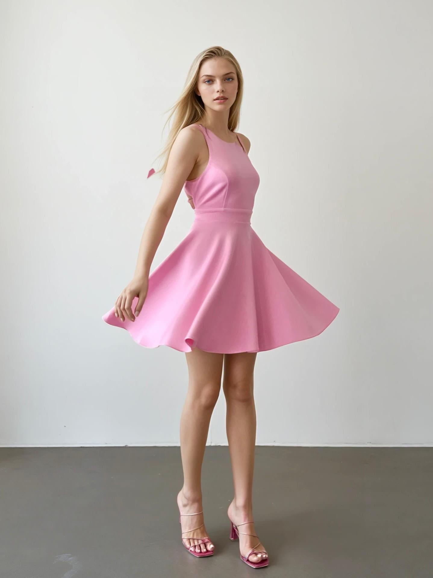 Kadın Abiye Kloş Etekli Kalın Askılı Boyundan kumaş Bağlamalı Mini Abiye & Mezuniyet Elbisesi