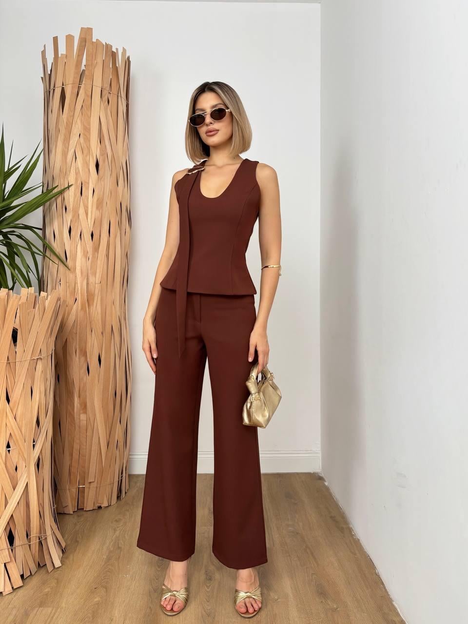 Kadın Abiye Omuzdan Sarkıt Kumaş Detaylı Kalın Askılı Bluz Pantolon İkili Takım