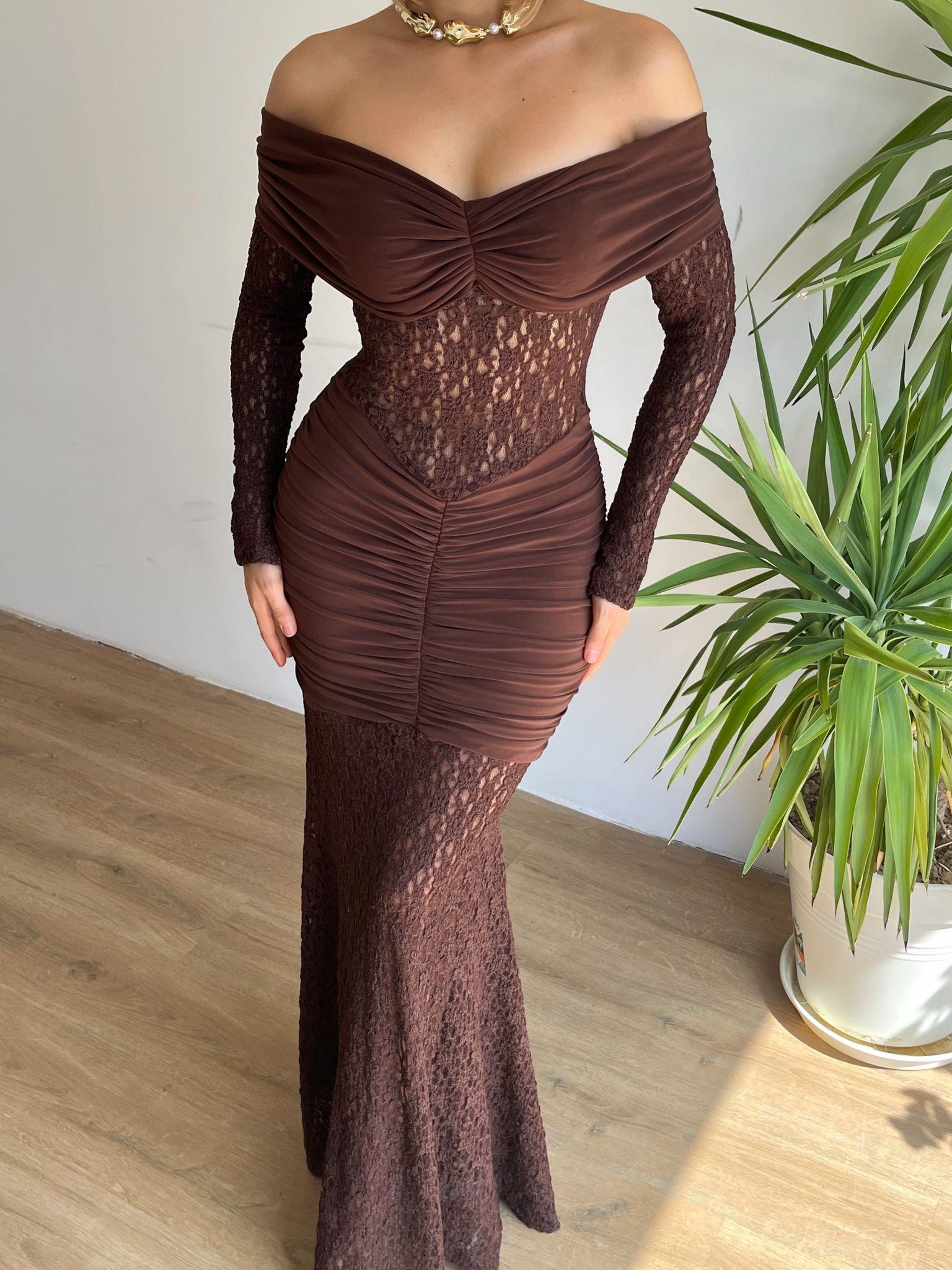 Kadın Abiye Transparan Dantel İşlemeli Straplez Bodycon Maksi Elbise - Abiye & Mezuniyet Elbisesi