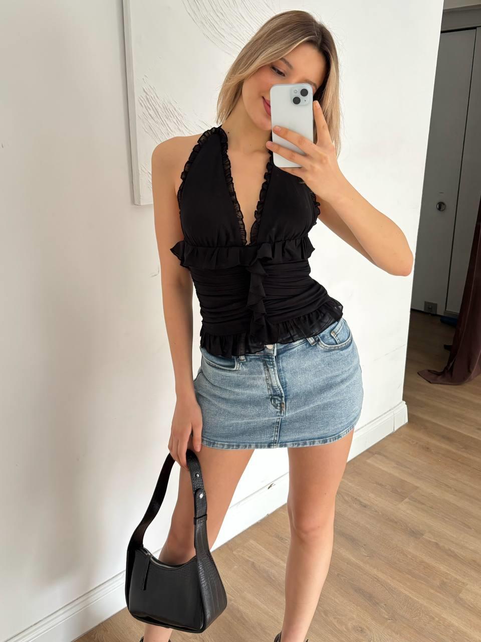 Kadın Boyundan Bağlamalı V Yaka Tül Crop Bluz