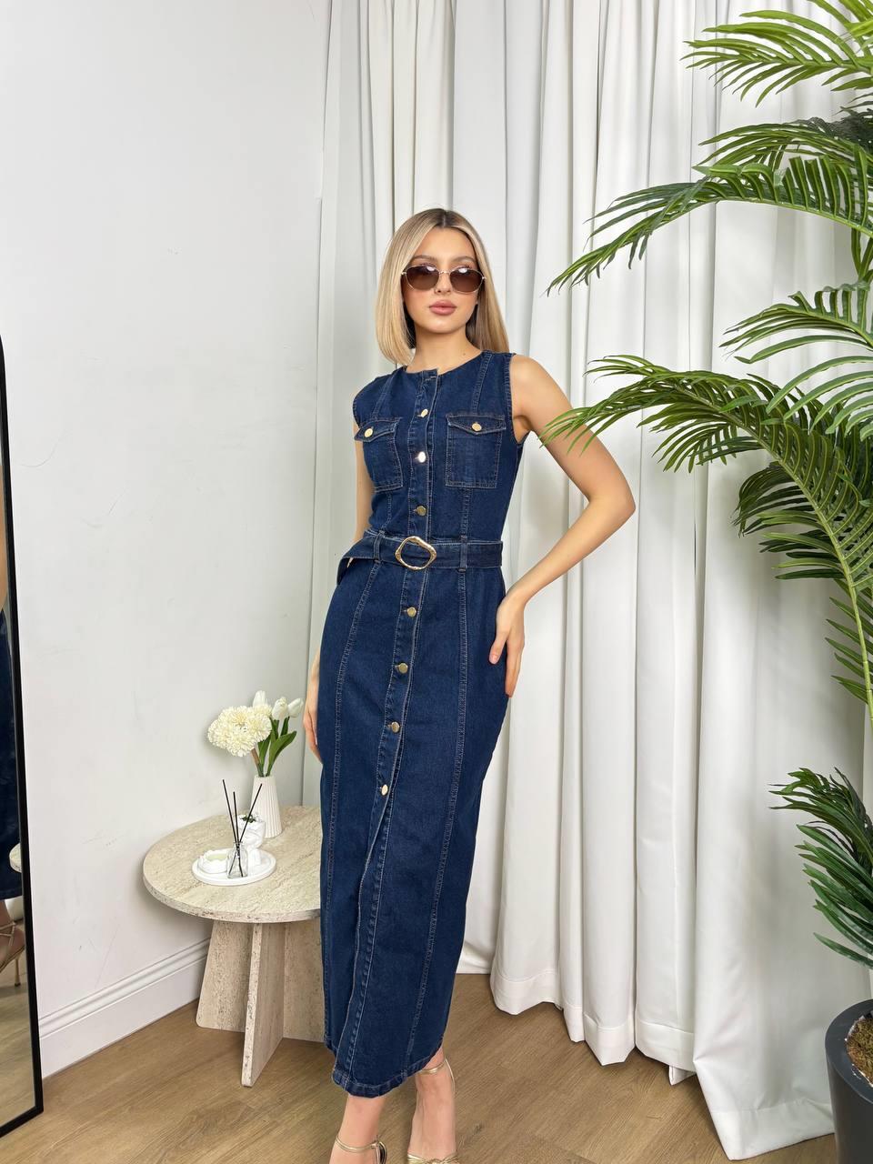 Kadın Düğme Kapamalı Yırtmaç Ve Kemer Detaylı Denim Abiye & Mezuniyet Elbisesi