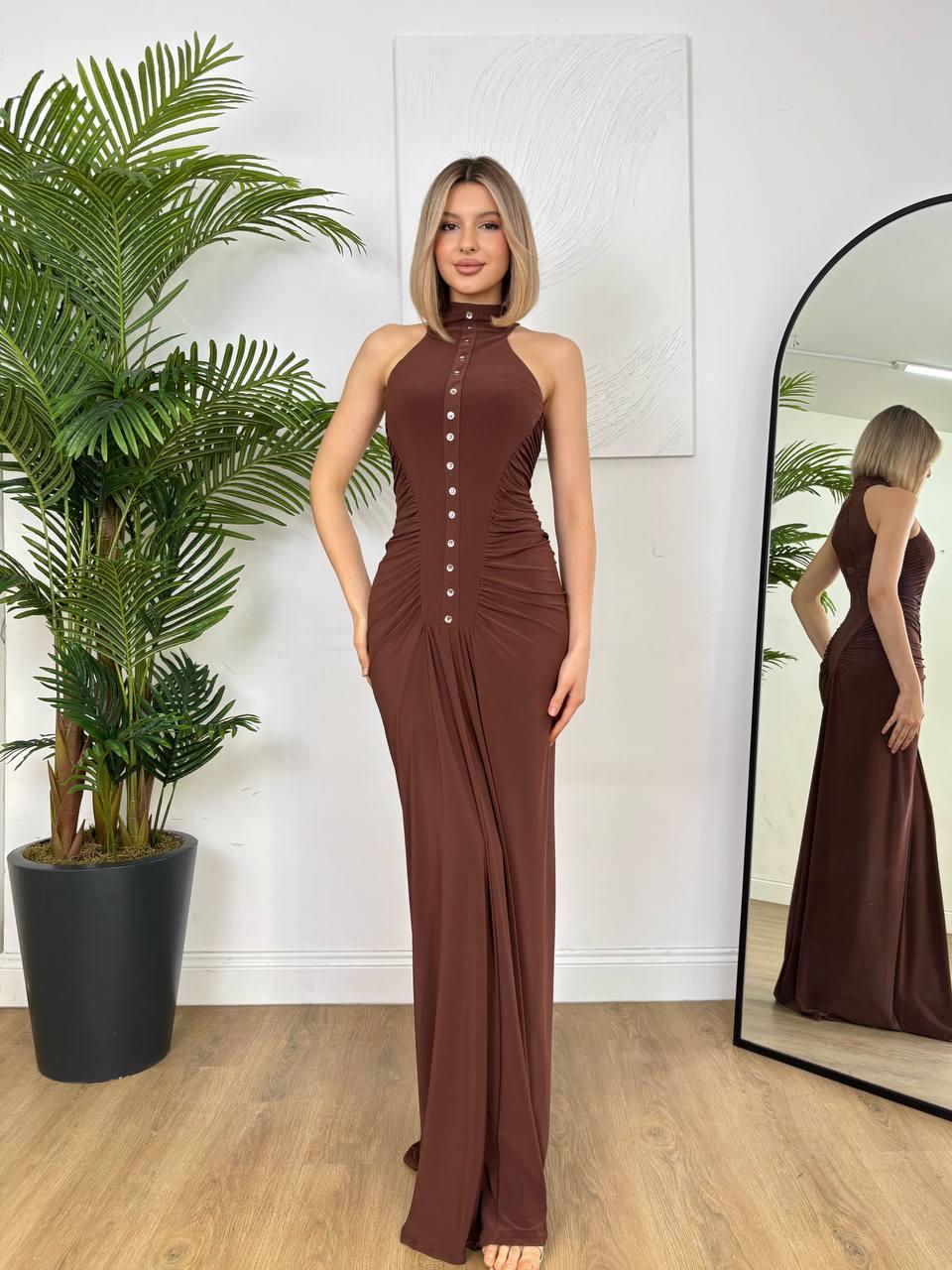 Kadın Düğme Ve Drape Detaylı Dik Yaka Abiye & Mezuniyet Elbisesi