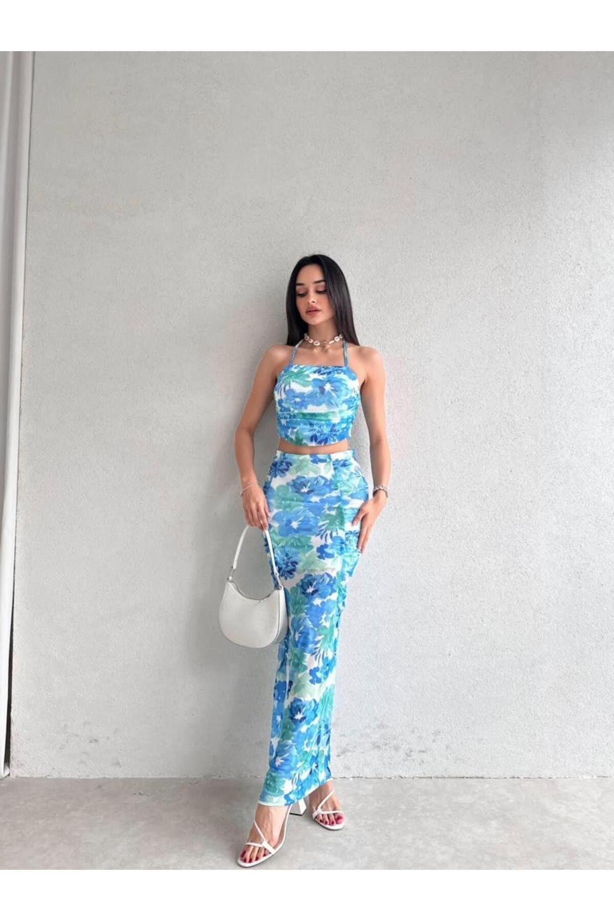 Kadın Elbise Boyun Askılı Çiçek Stylish Desenli Mavi Takım
