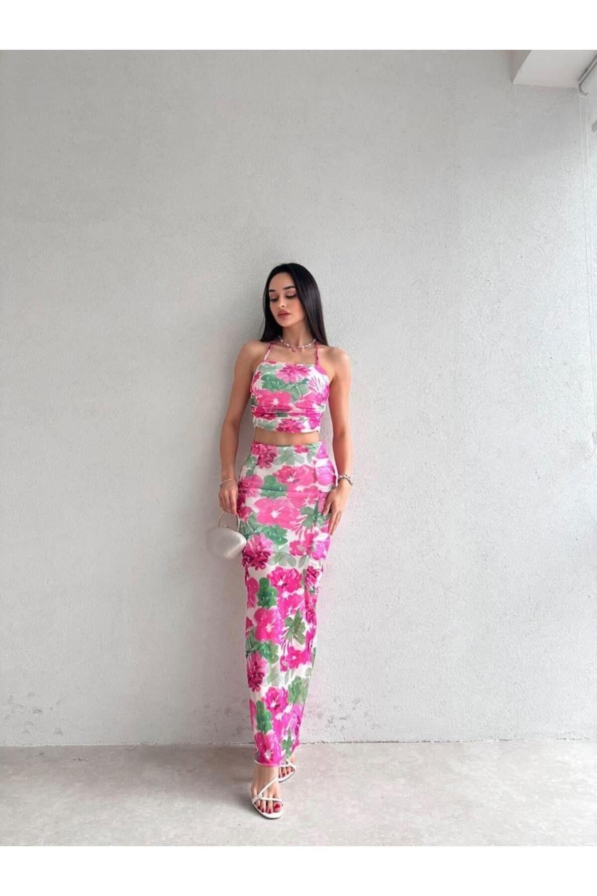 Kadın Elbise Boyun Askılı Çiçek Stylish Desenli Pembe Takım
