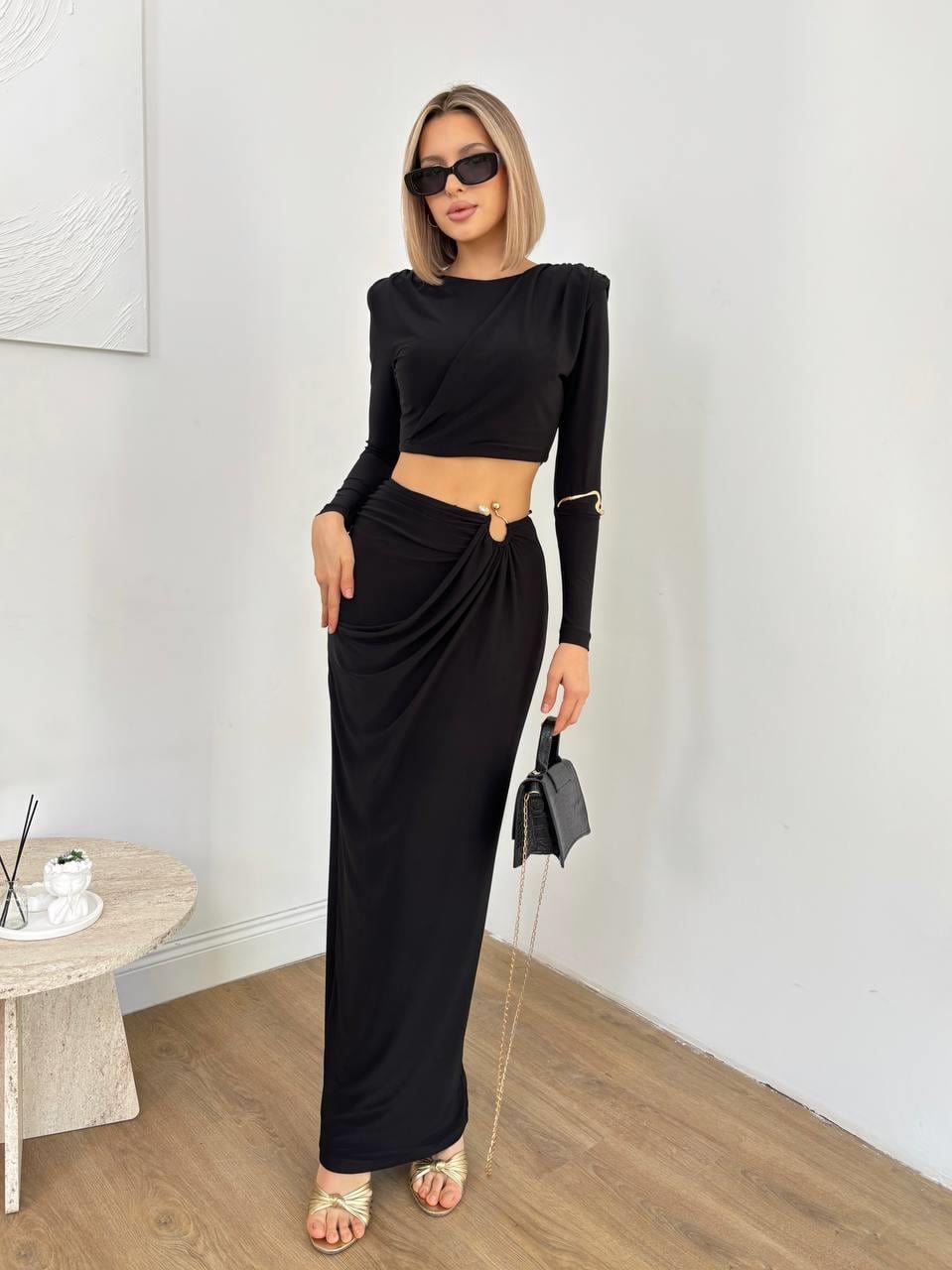 Kadın Eteğinde Halka Detaylı Drape Model Etek Bluz İkili Takım 