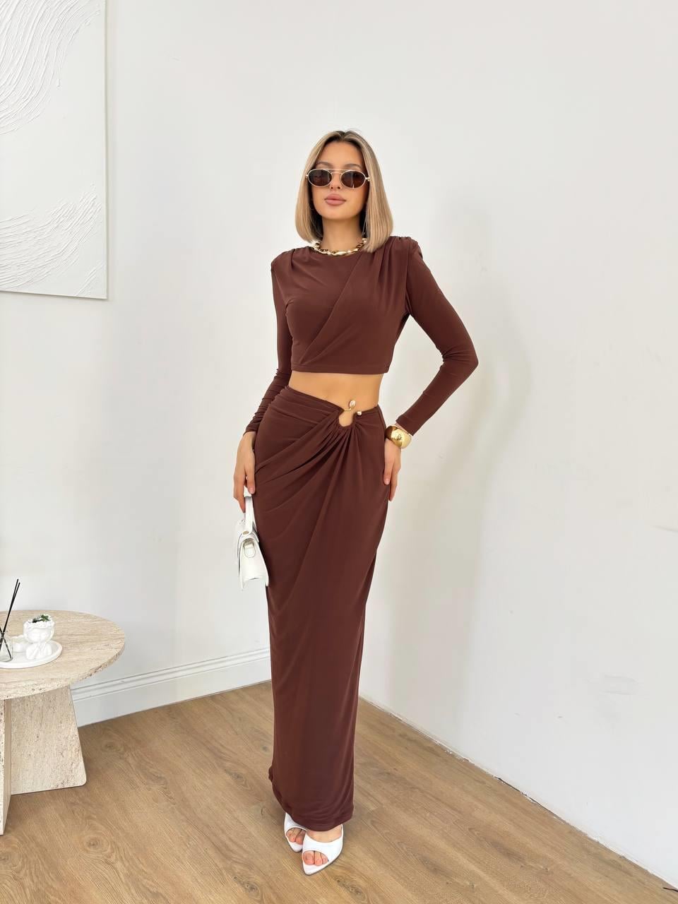 Kadın Eteğinde Halka Detaylı Drape Model Etek Bluz İkili Takım 