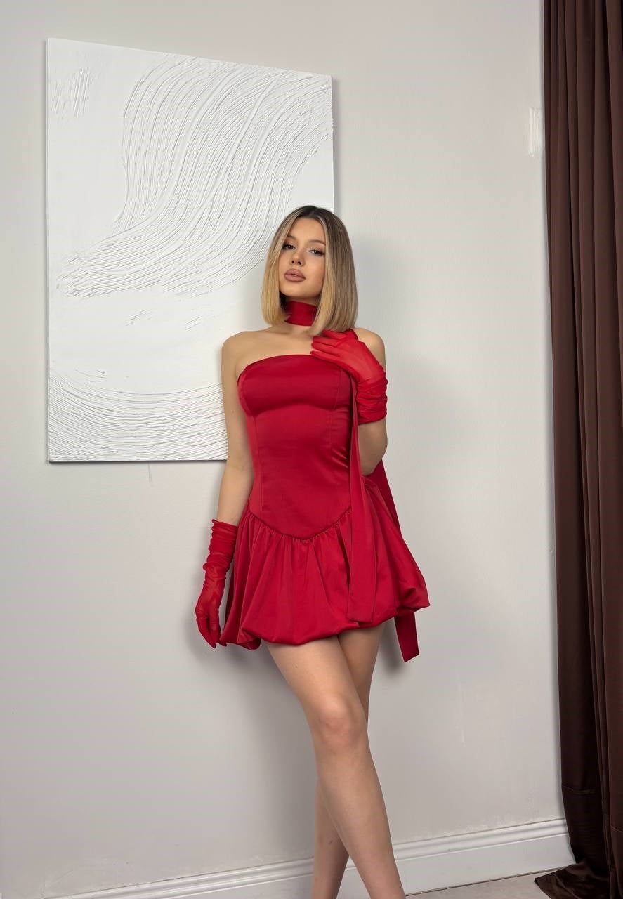 Kadın Fularlı Şifon Volanlı Straplez Mini Abiye Mezuniyet Elbisesi