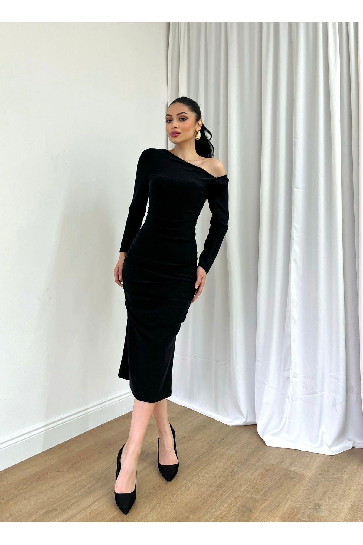 Kadın Midi Bodycon Elbise Çıkarılabilir Gül Detay Çapraz Yaka Simli Abiye & Mezuniyet Elbisesi
