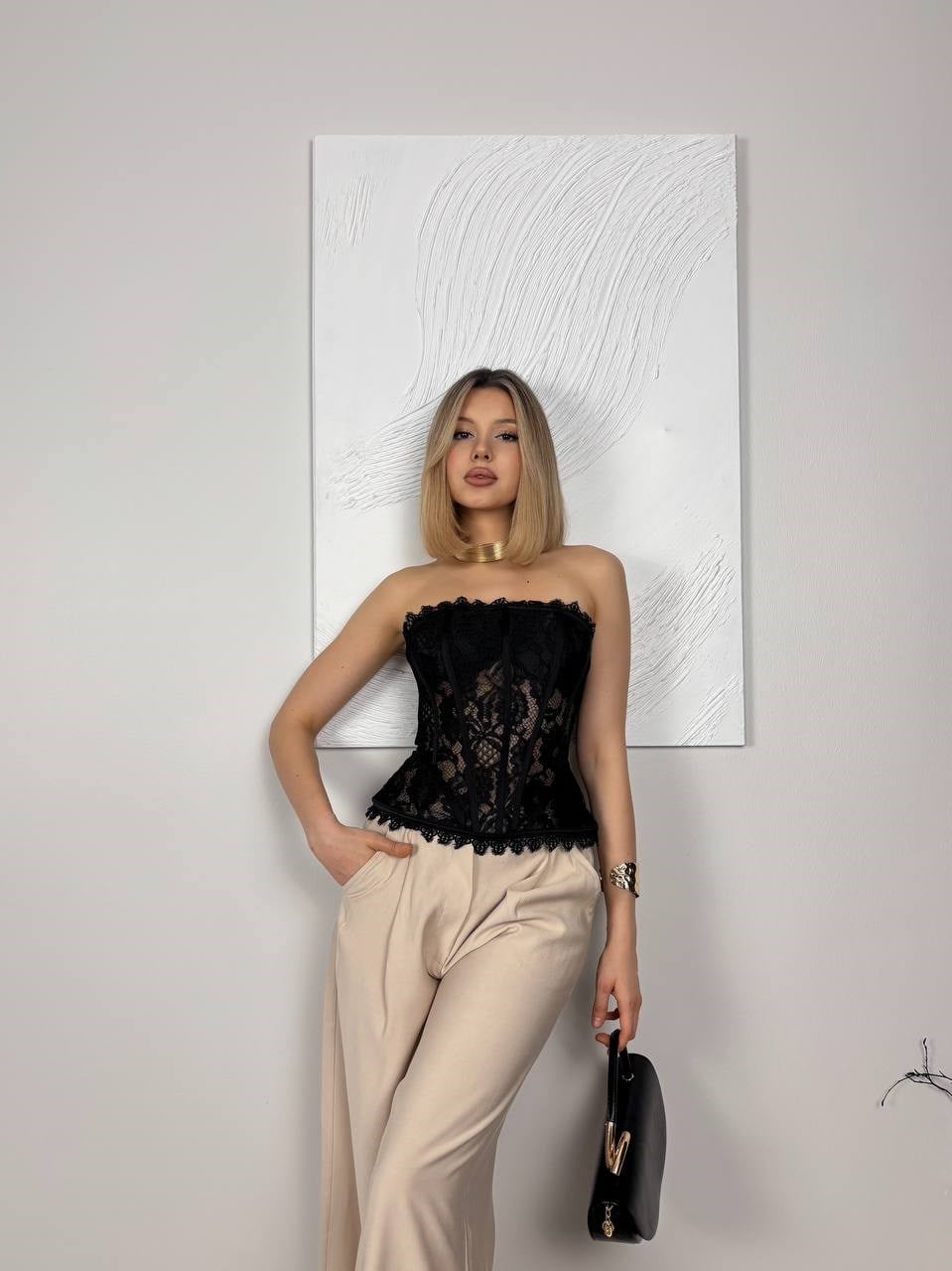 Kadın Straplez Dantel Fermuar Kapamalı Crop Bluz