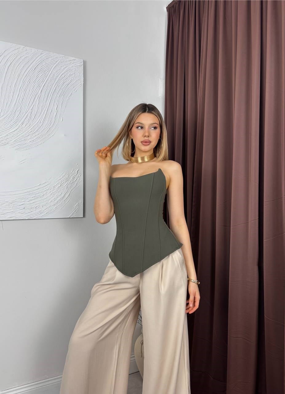Kadın Straplez Yaka Korseli Crop Bluz