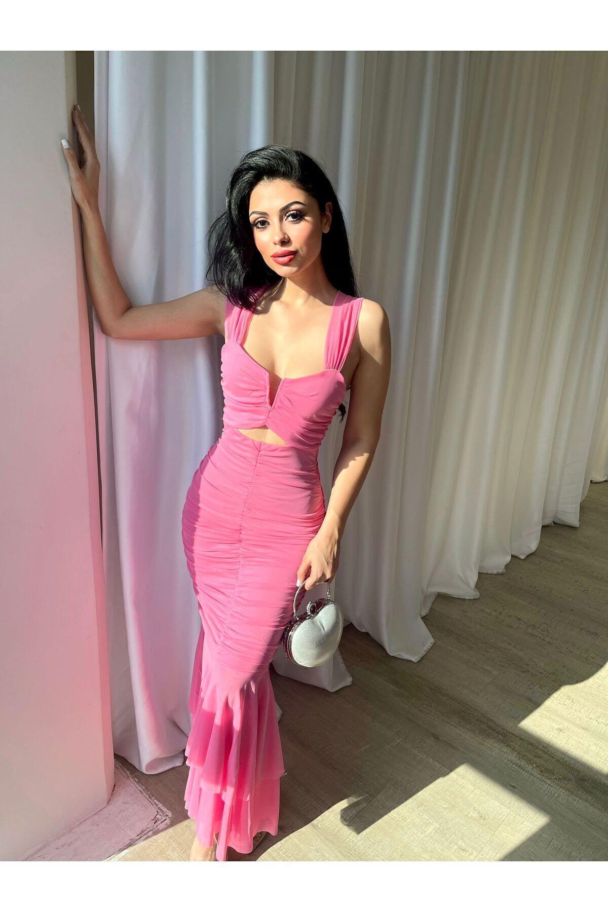 Kalın Askılı Boydan Sık Drapeli Göbek Pencere Detay Midi Bodycon Elbise - Abiye & Mezuniyet Elbisesi