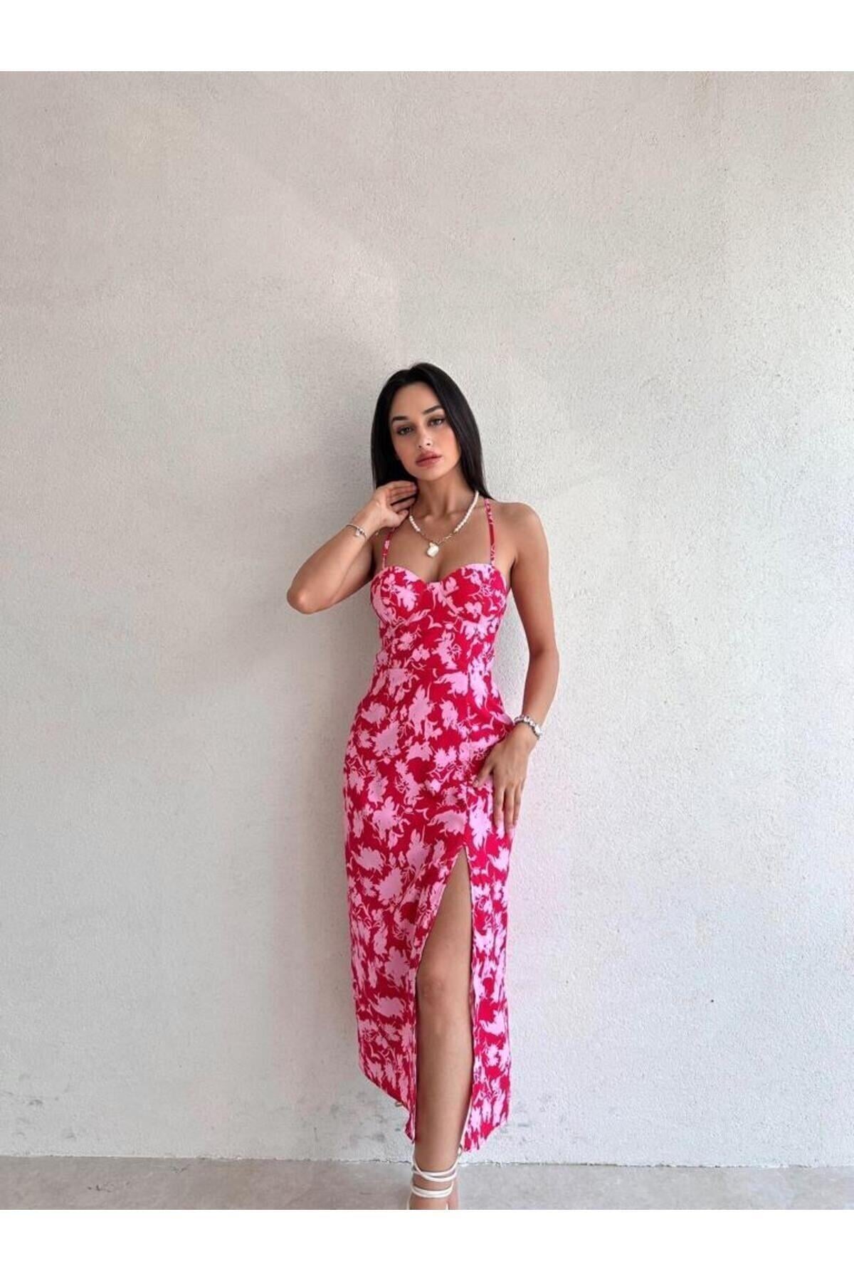 Sırt Dekolteli Askılı Desenli Rahat Midi Elbise