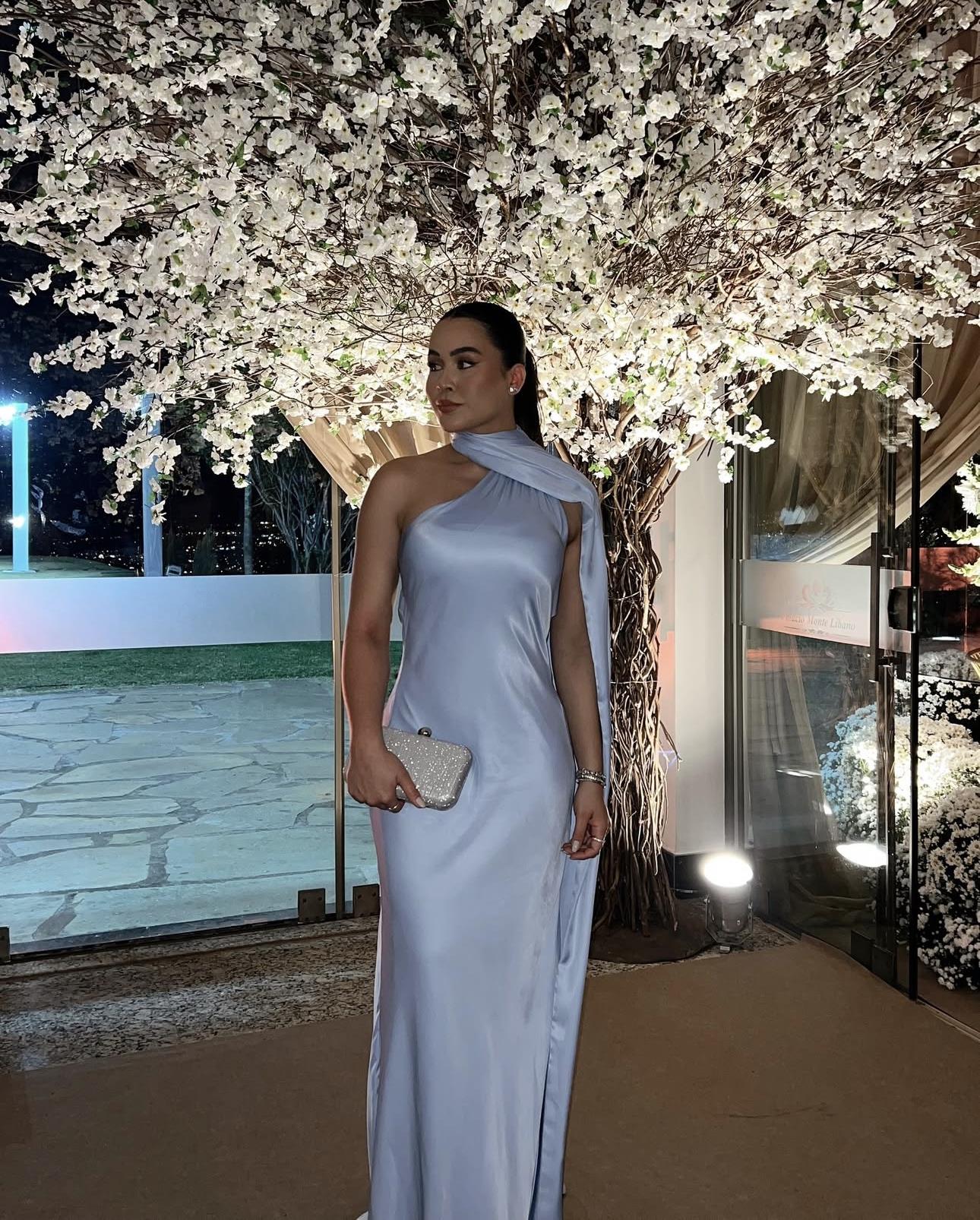 Şal Detaylı Saten Mavi Maksi Elbise