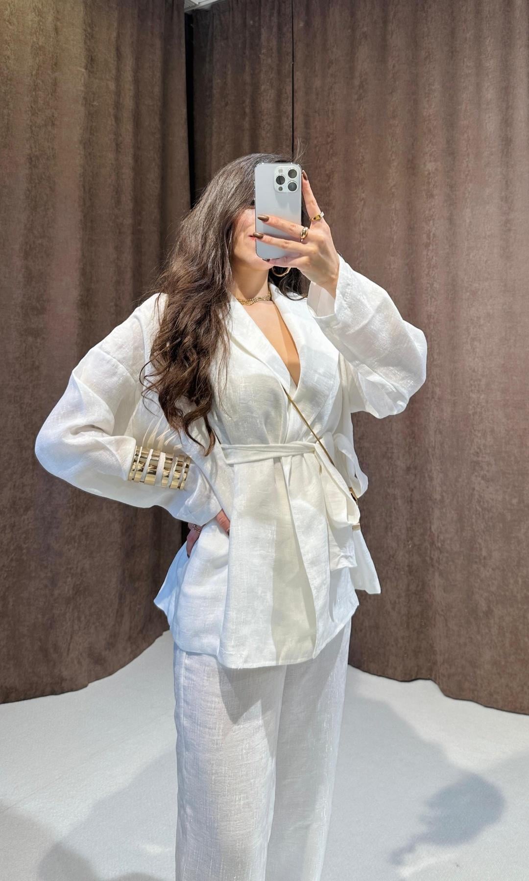 Şal Yaka Beyaz Parlak Saten Kimono Takım