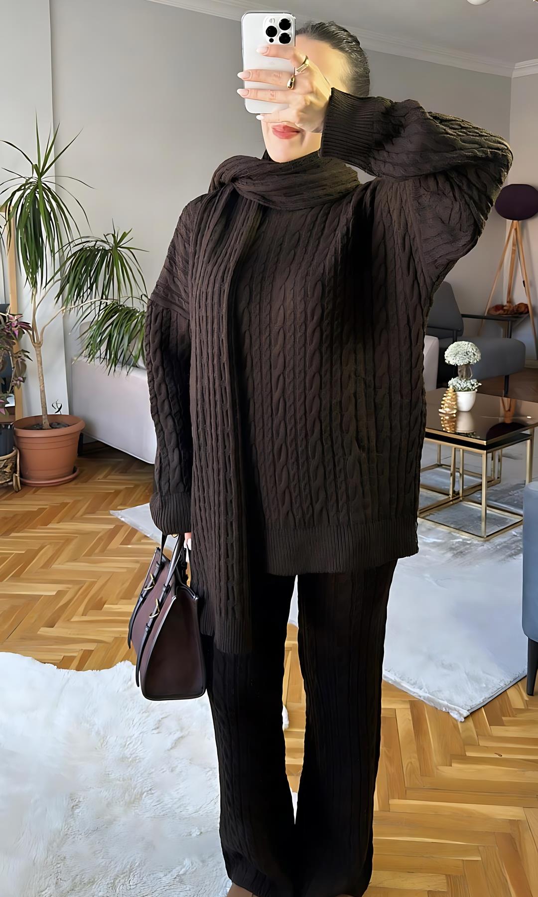 Acı Kahve Saç Örgü Atkılı Triko Takım