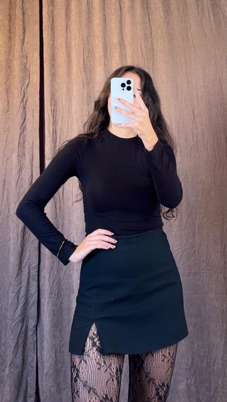 Linen Kumaş Siyah Crop Body