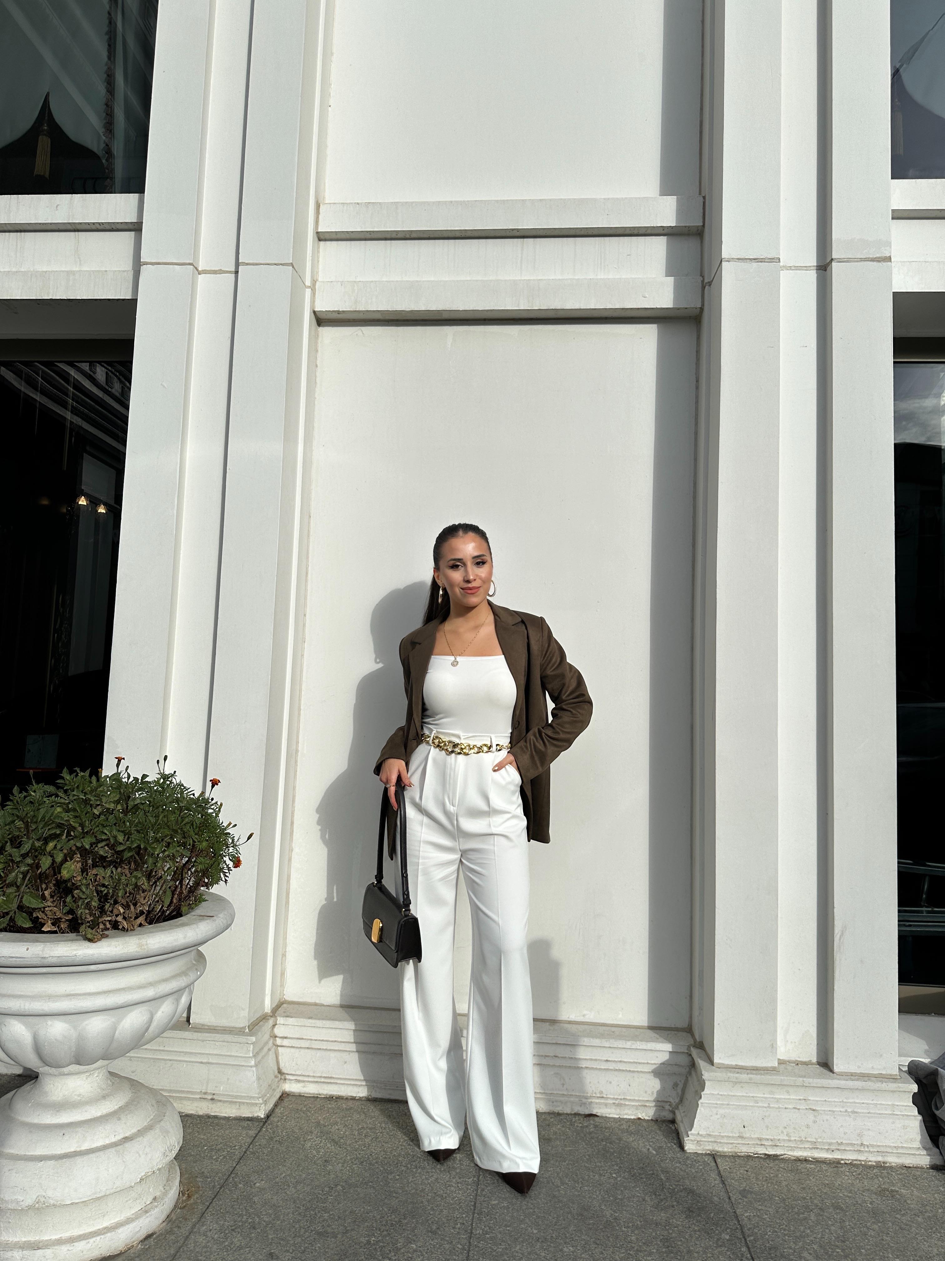 Marka Model Bel Detaylı Ekru Palazzo Pantolon