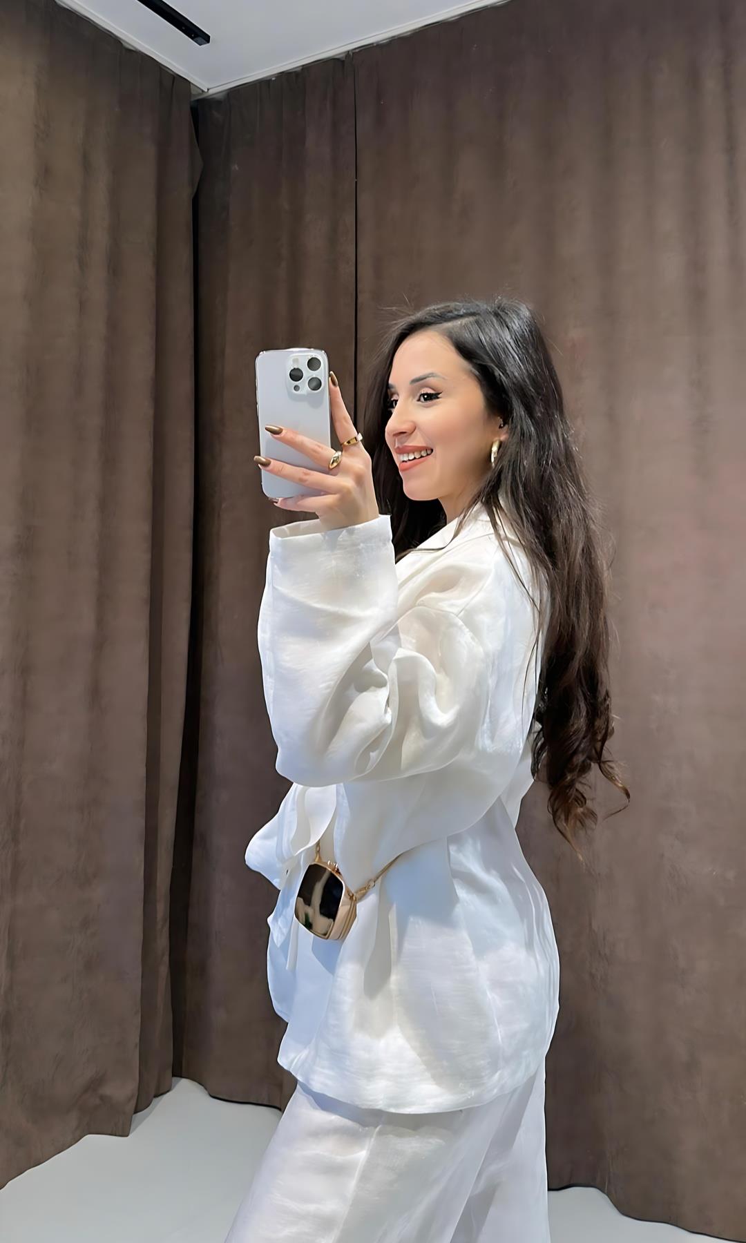 Şal Yaka Beyaz Parlak Saten Kimono Takım