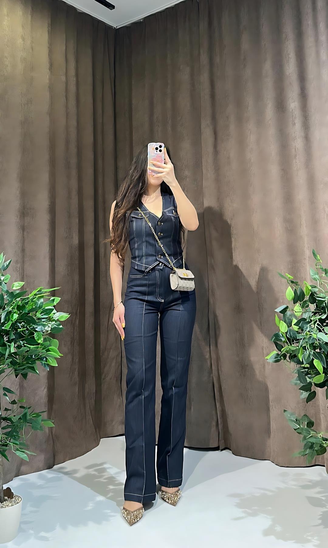 Yelekli Likralı Denim Takım