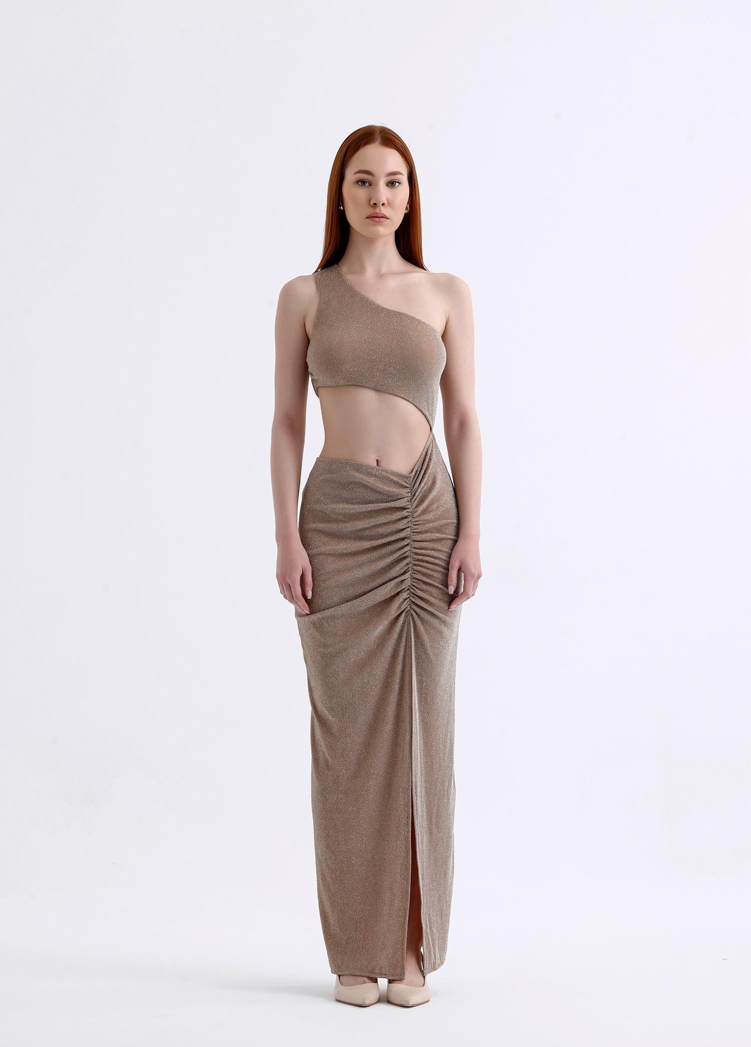 Gloria Simli Maxi Bej Kokteyl Elbise