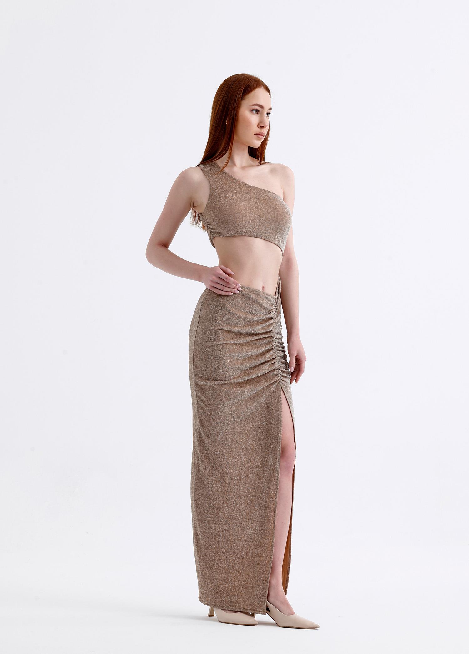 Gloria Simli Maxi Bej Kokteyl Elbise