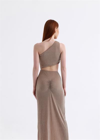 Gloria Simli Maxi Bej Kokteyl Elbise