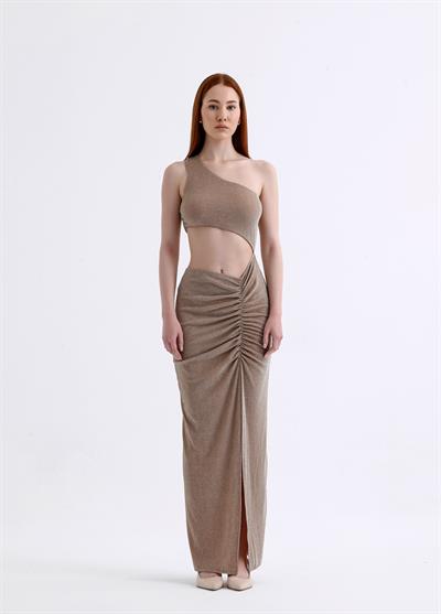 Gloria Simli Maxi Bej Kokteyl Elbise