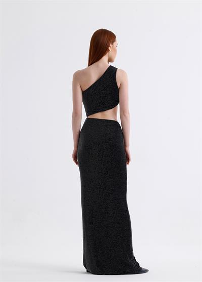 Gloria Simli Maxi Siyah Kokteyl Elbise