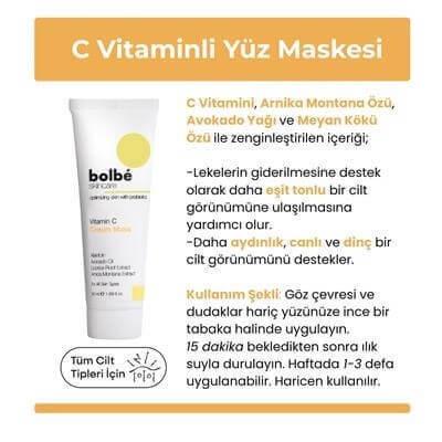 Aydınlatıcı, Cilt Tonu Eşitleyici Leke ve Kırışıklık Karşıtı %2 C Vitamini Krem Maske - 50 ml