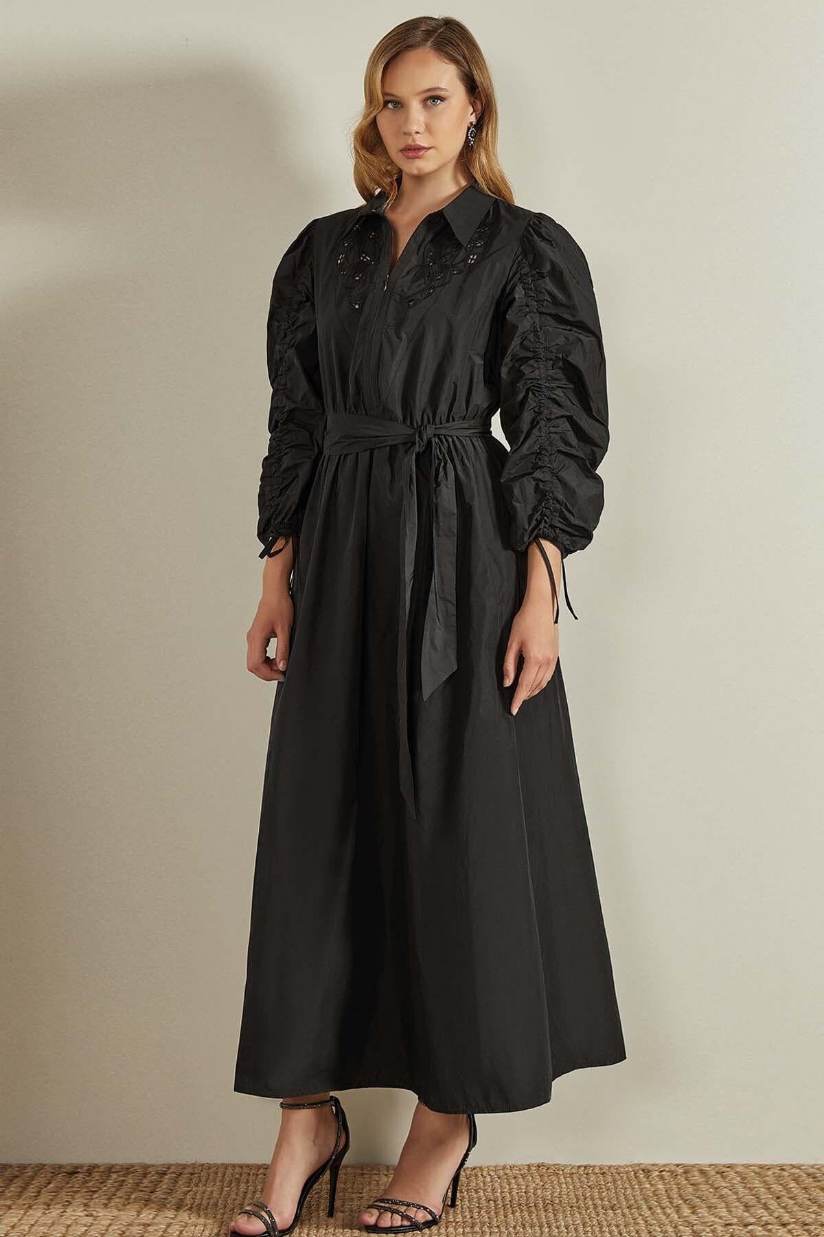 Balloon Sleeve Black Woven Dress