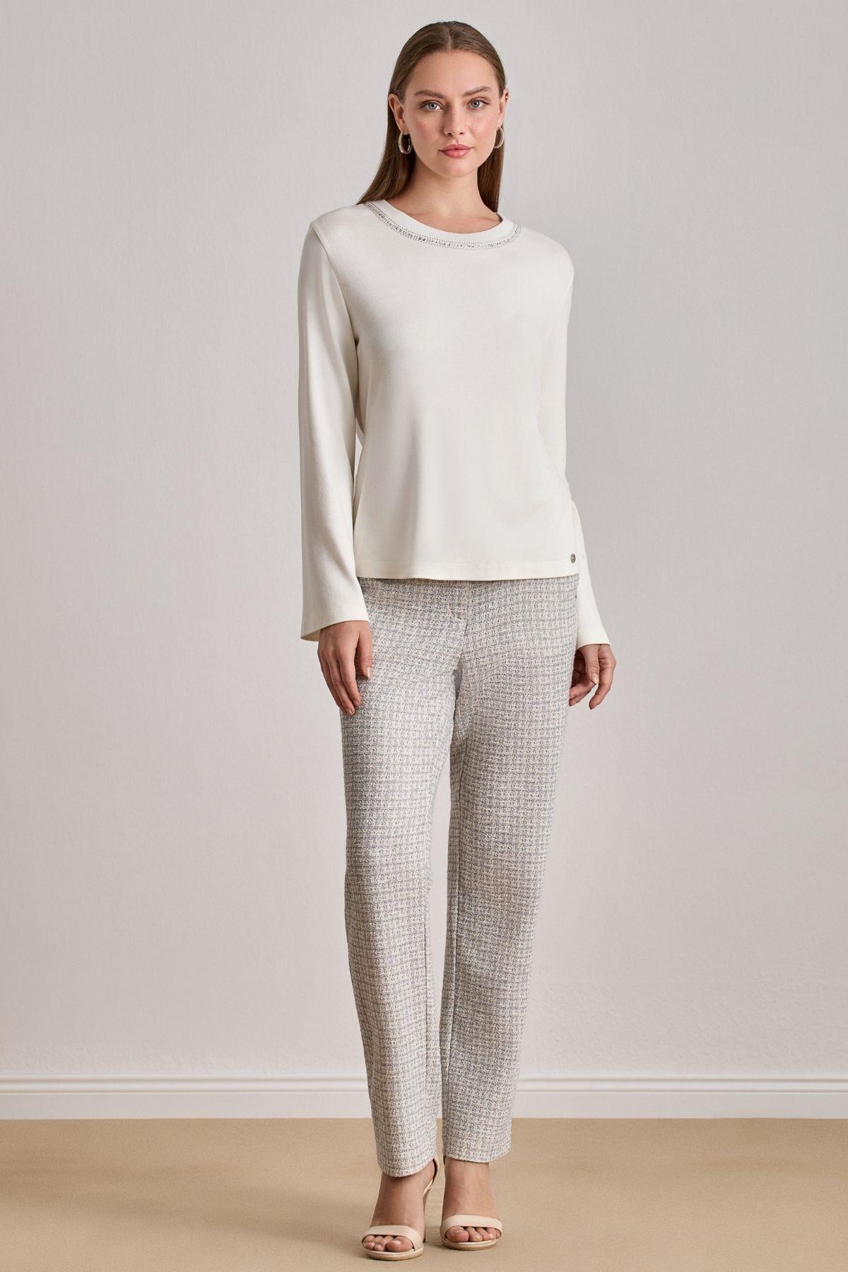 Below-Hip Ecru Knit Blouse