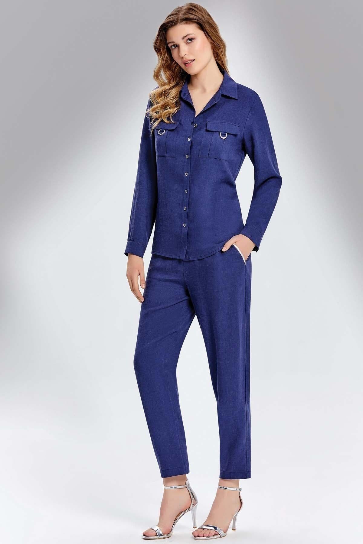 Elastic Waist Navy Linen Trousers