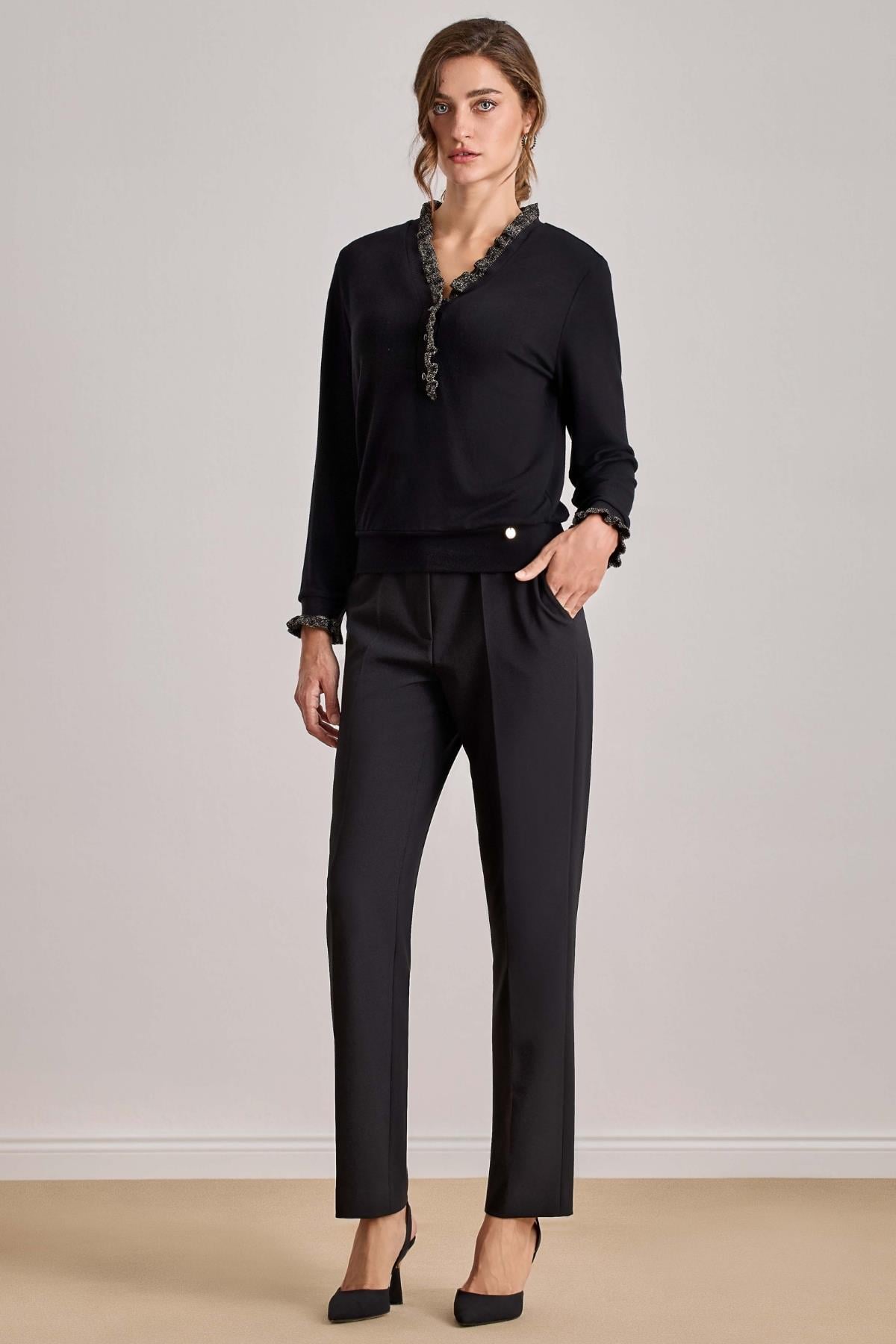 Bilekte Boy Siyah Dokuma Pantolon