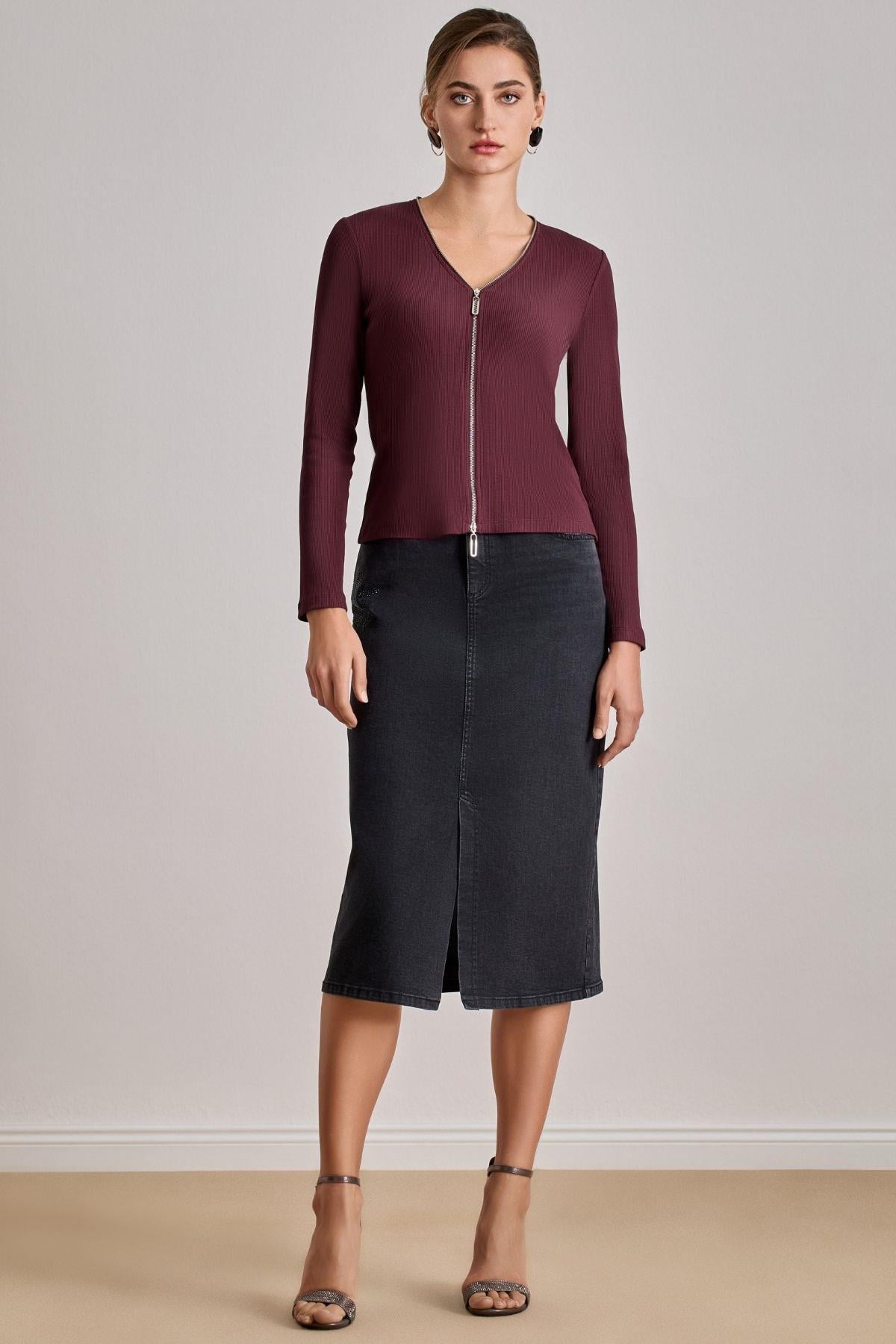 Slim Fit Burgundy Ribbed Blouse