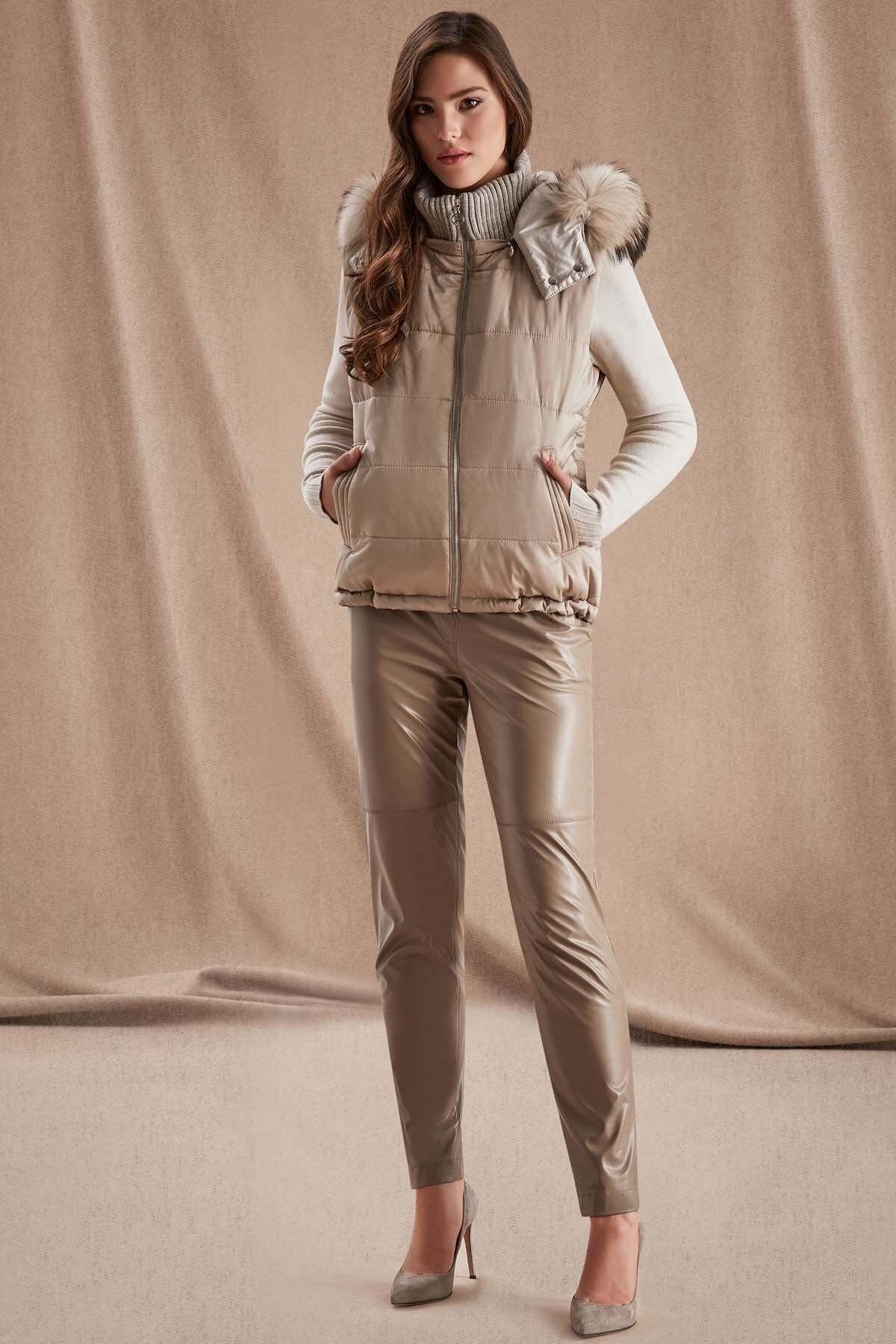 Narrow Leg Beige Leather Trousers