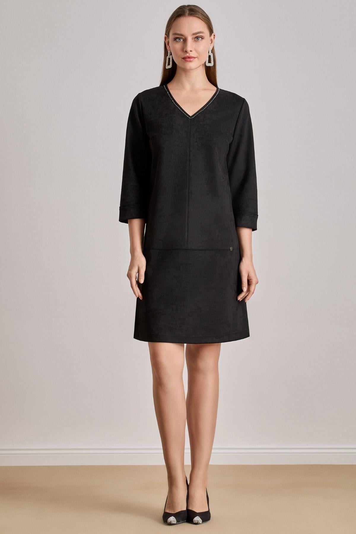 Knee-Length Black Suede Dress