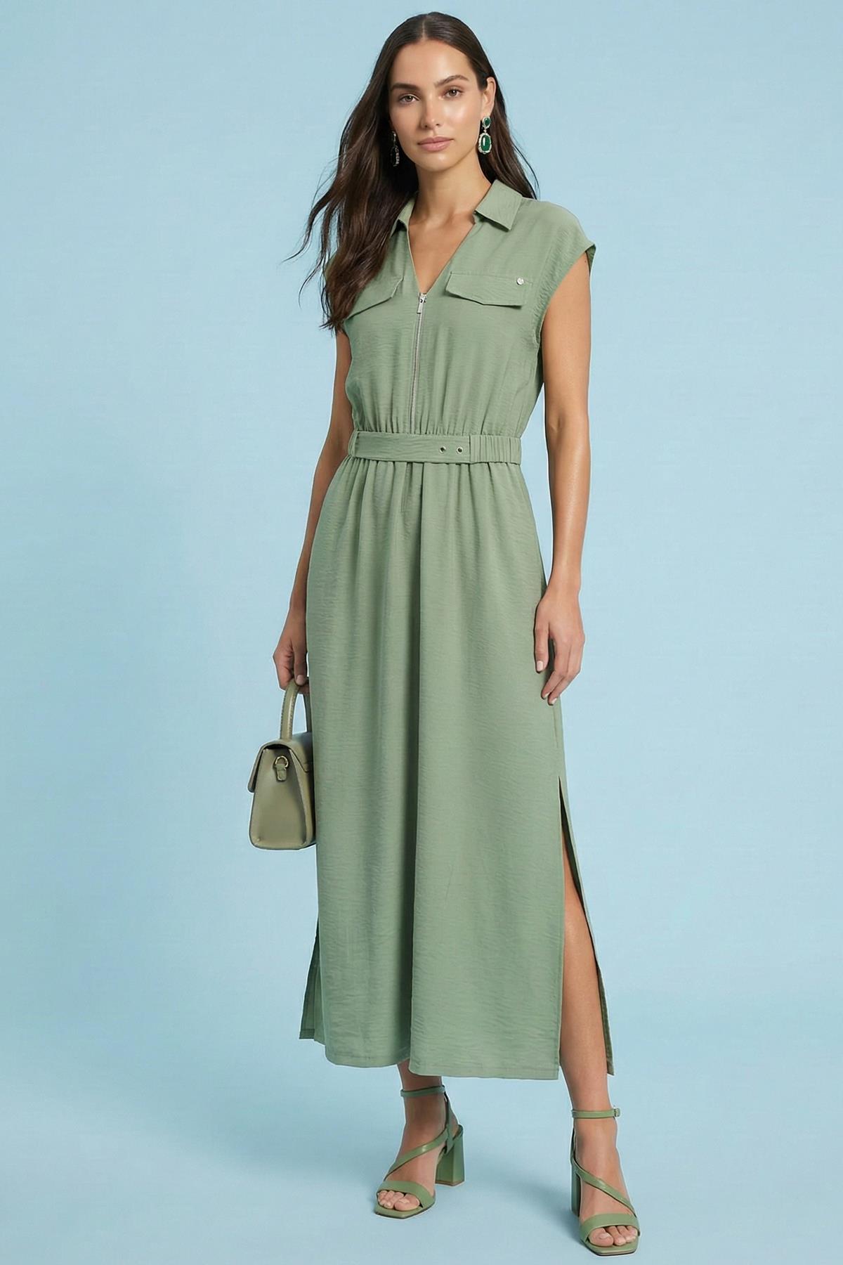 Straight Cut Green Woven Dress