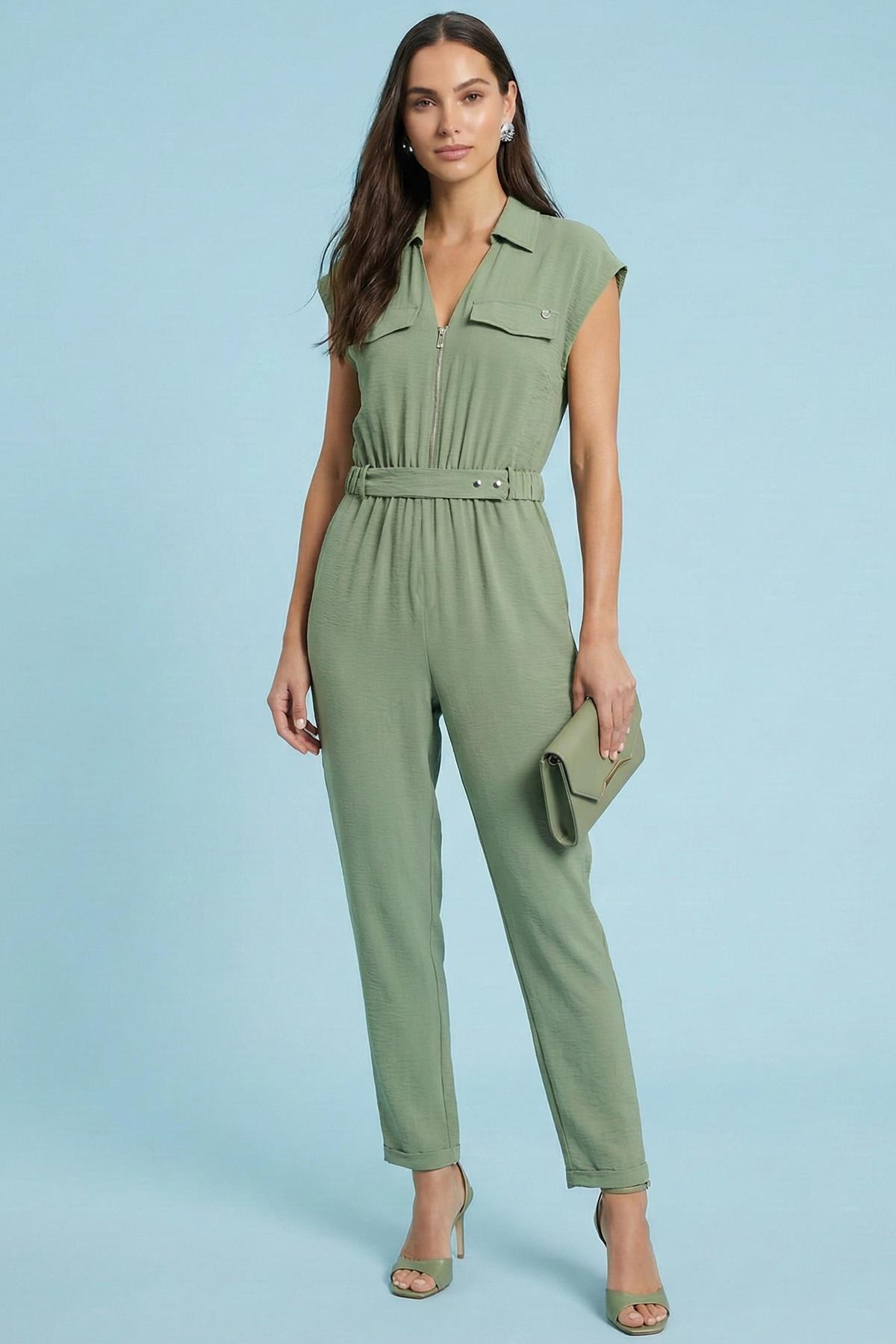 Straight Cut Green Woven Jumpsuit