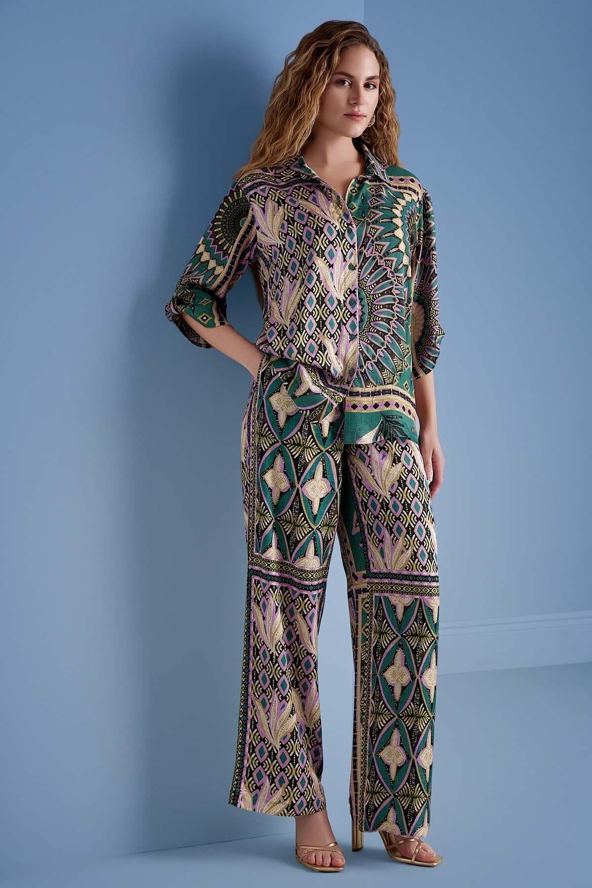 Straight Leg Multi-Color Patterned Trousers