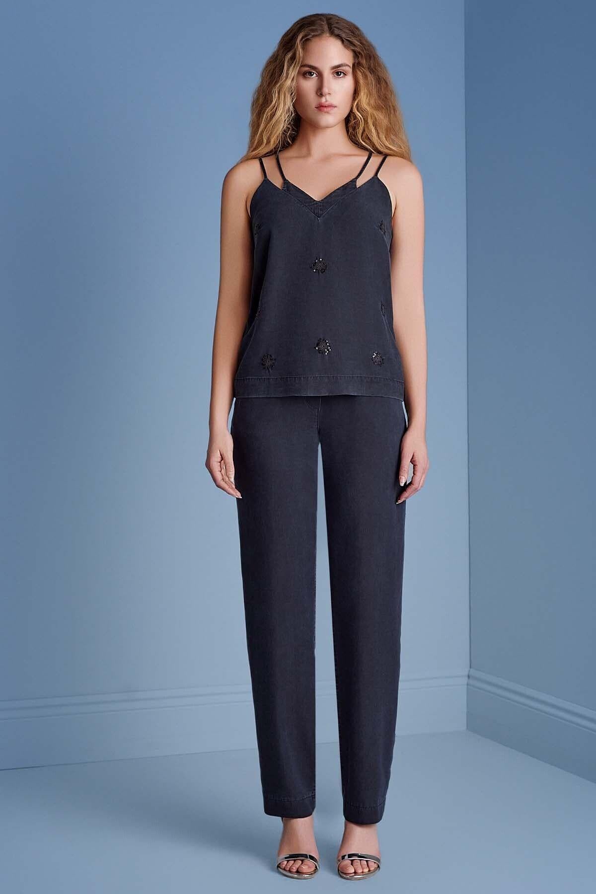 Straight Leg Navy Woven Trousers