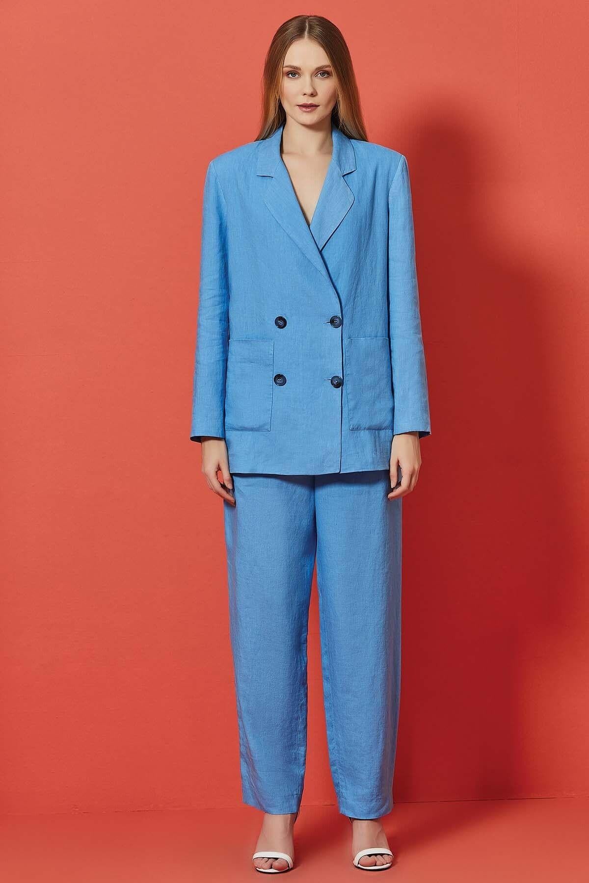 Straight Leg Blue Linen Trousers
