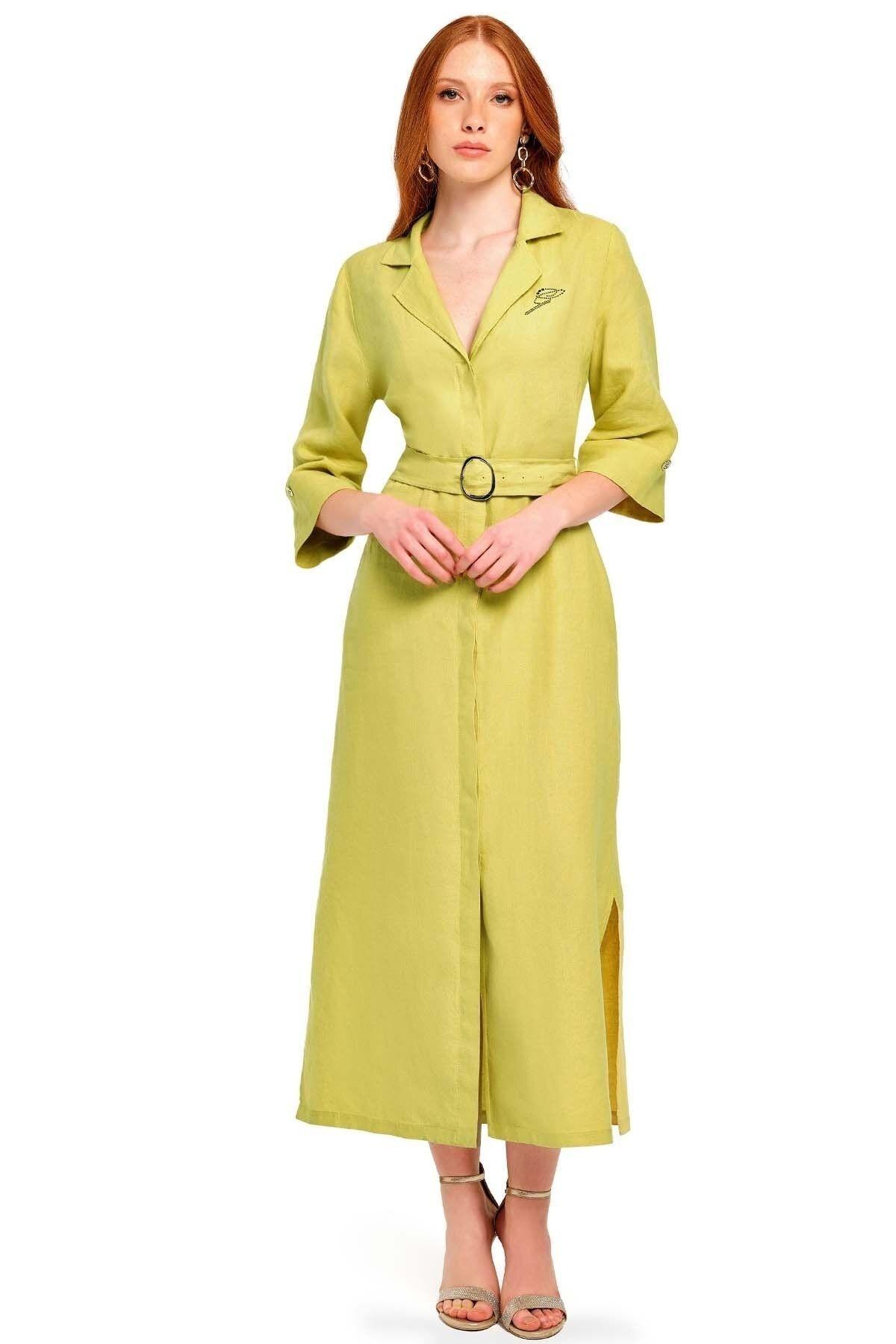 Notch Lapel/Men's Collar Green Linen Dress
