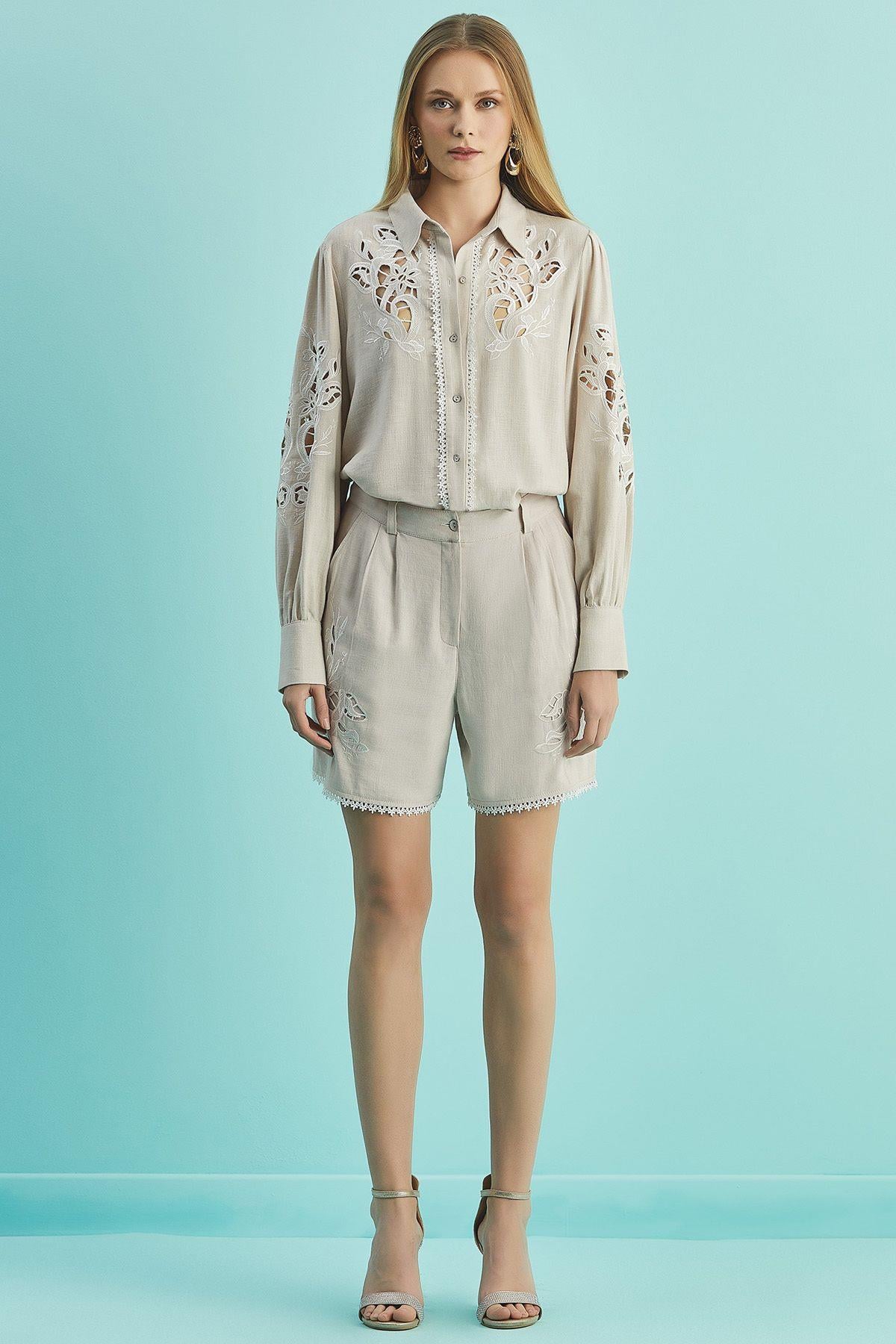 Geniş Paça Bej Keten Şort