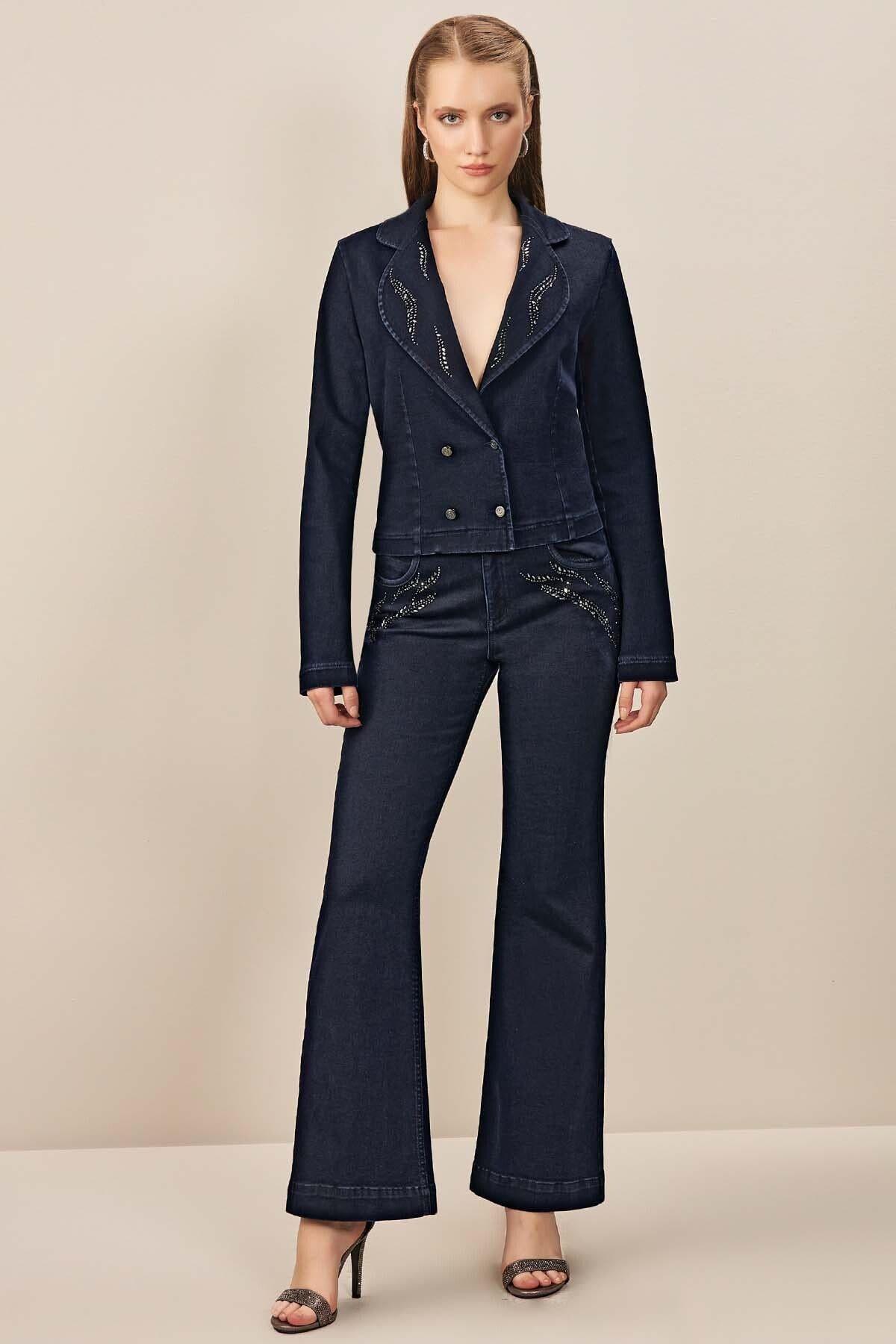 Wide Leg Navy Denim Trousers