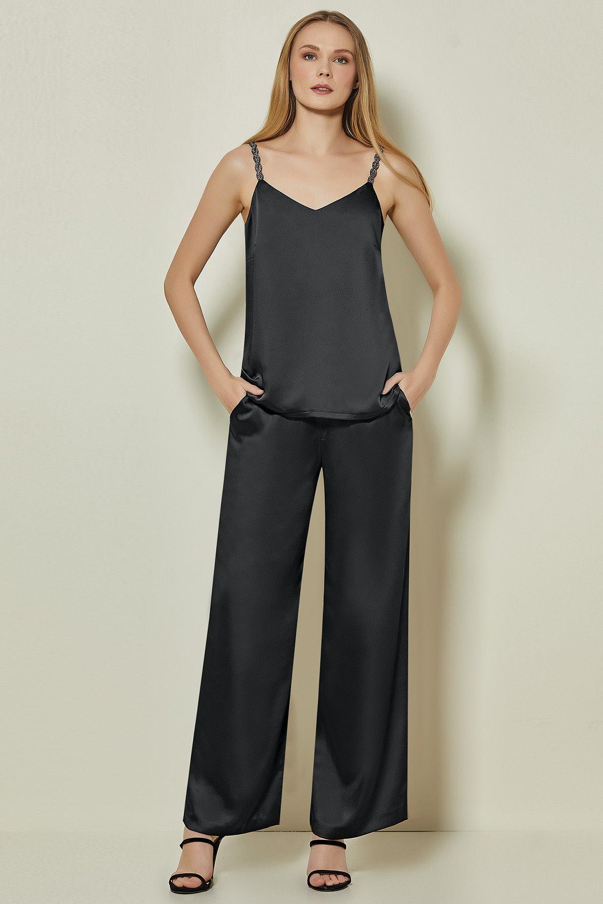 Wide Leg Black Woven Trousers